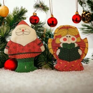 Vtg‎ 80s Christmas Stuffed Ornament Lot of 2 Fabric Handmade Angel Santa Claus.